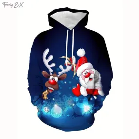 Elk And Santa Claus Printed Hoodie