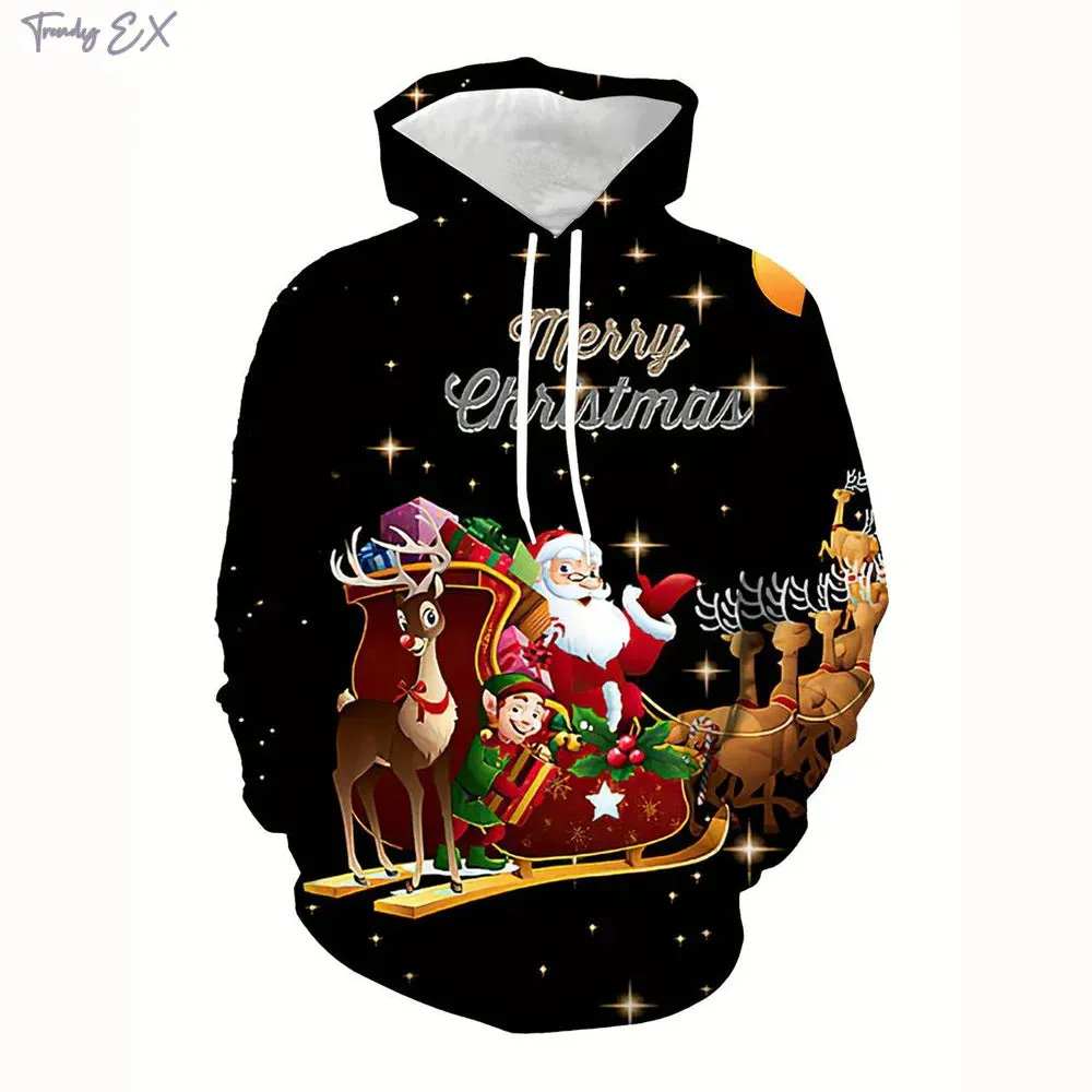 Elk And Santa Claus Printed Hoodie