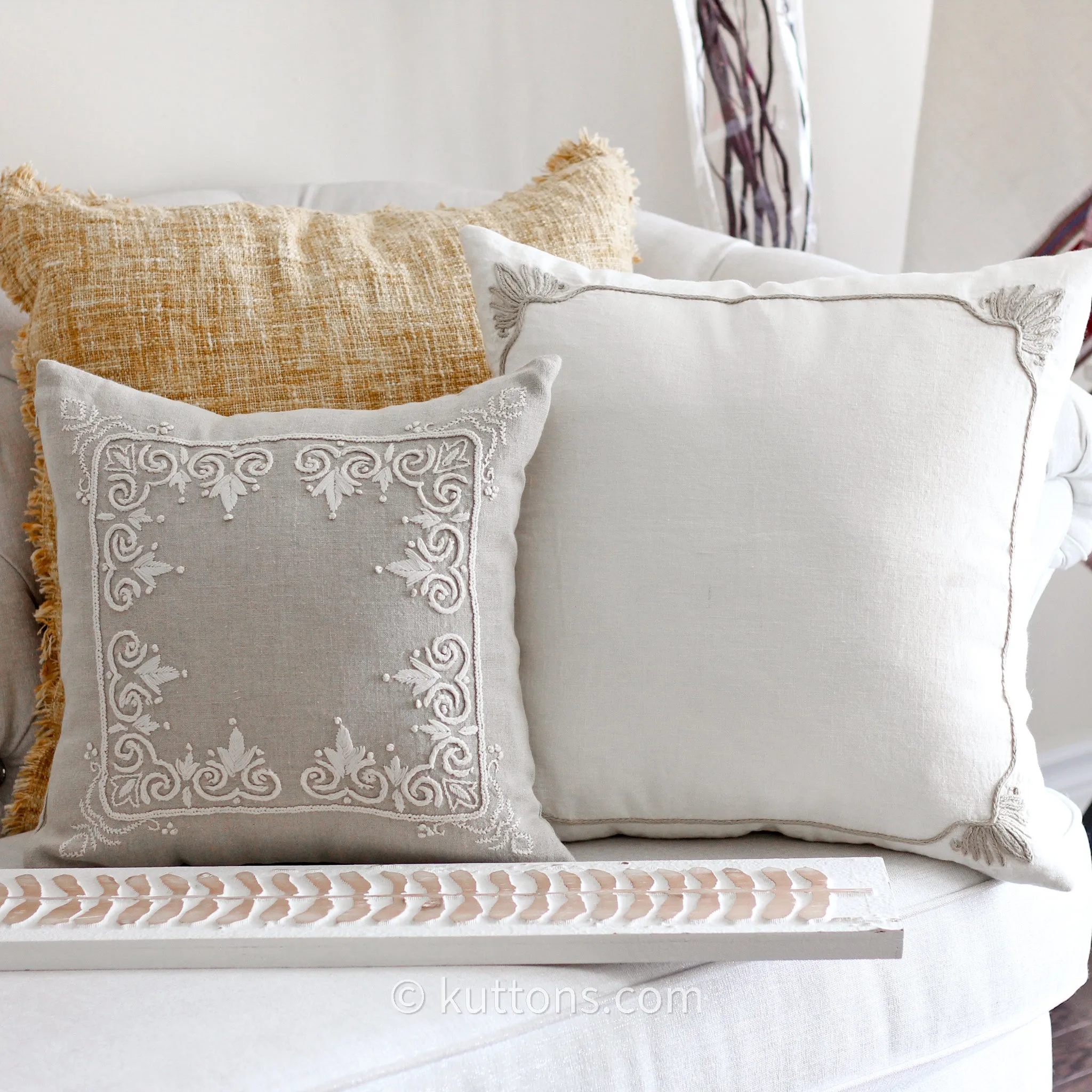 Embroidered 100% Pure Linen Cushion Covers - Decorative Linen Throw Pillow (Set of 2)