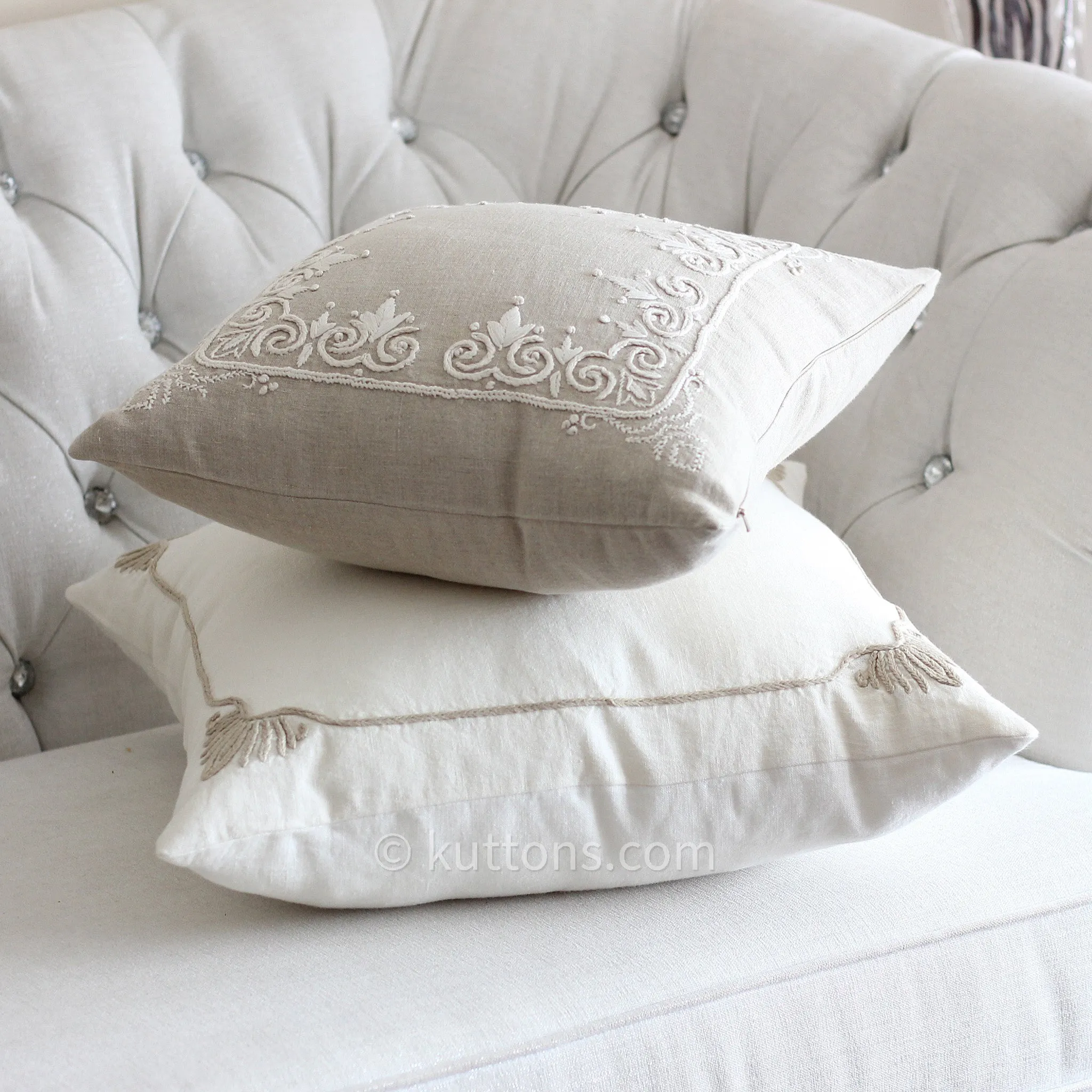 Embroidered 100% Pure Linen Cushion Covers - Decorative Linen Throw Pillow (Set of 2)