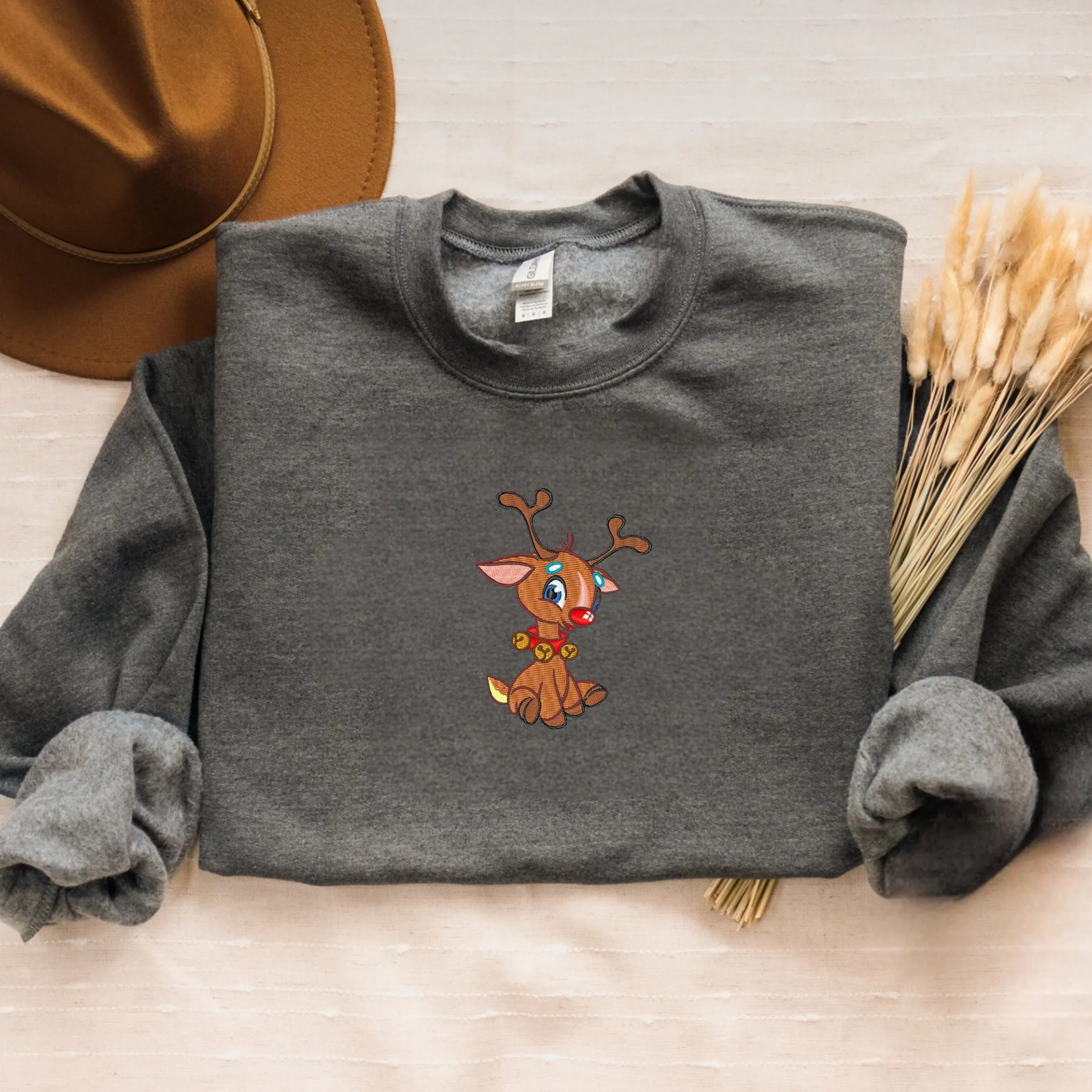 Embroidered Christmas Rudolph Sweatshirt, Cute Rudolph Crewneck or Hoodie