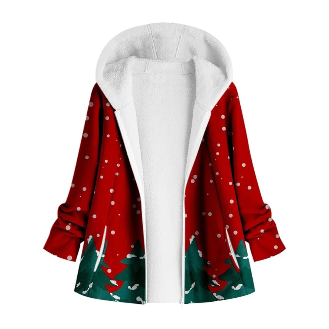 Fuzzy Xmas Print Outwear Fleece Coat