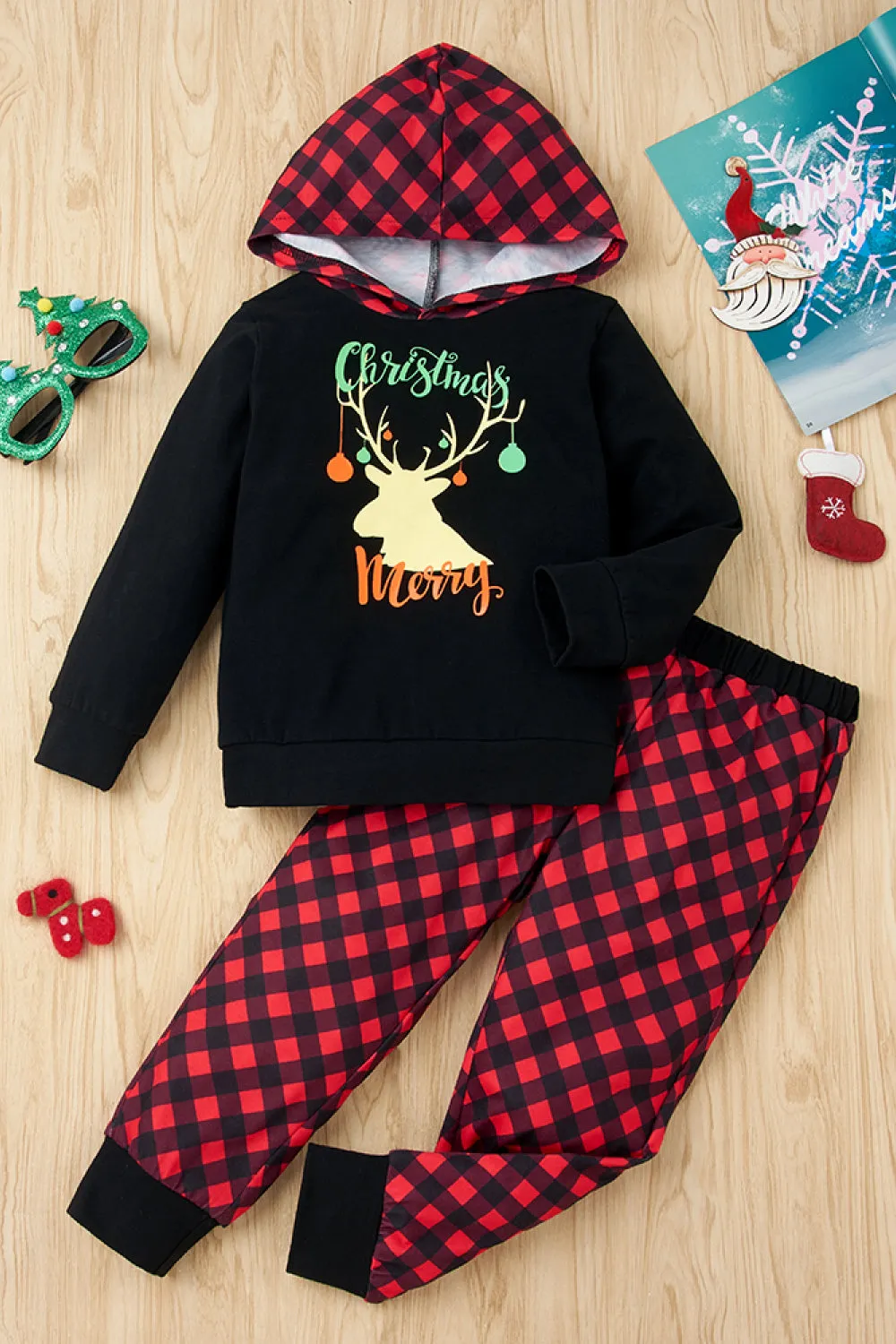 Girls Reindeer Plaid Hoodie and Pants Set