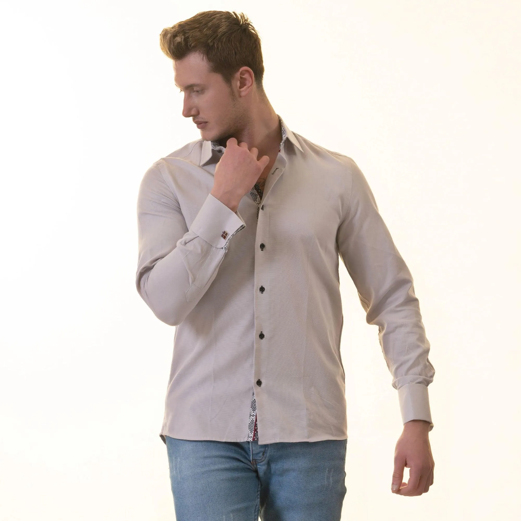 Gray & White Double Cuff Slim Fit Shirt