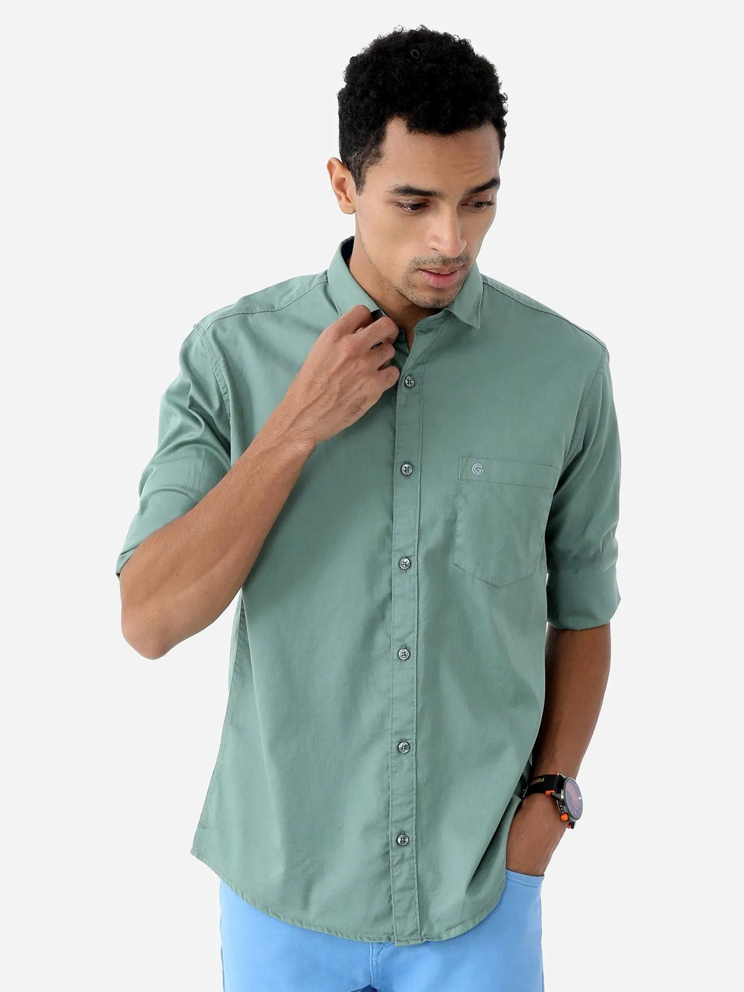 Green Solid Cotton Full Sleeve Shirt