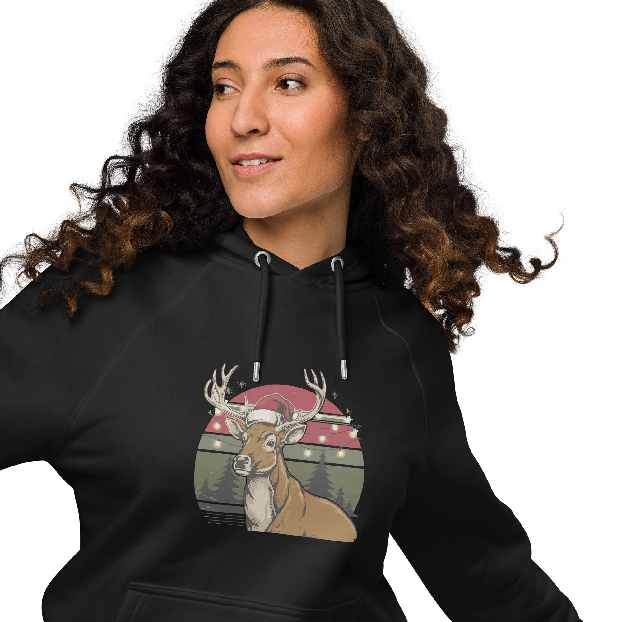 Ho-Ho-Vintage Reindeer Graphics Women Eco Raglan Hoodie