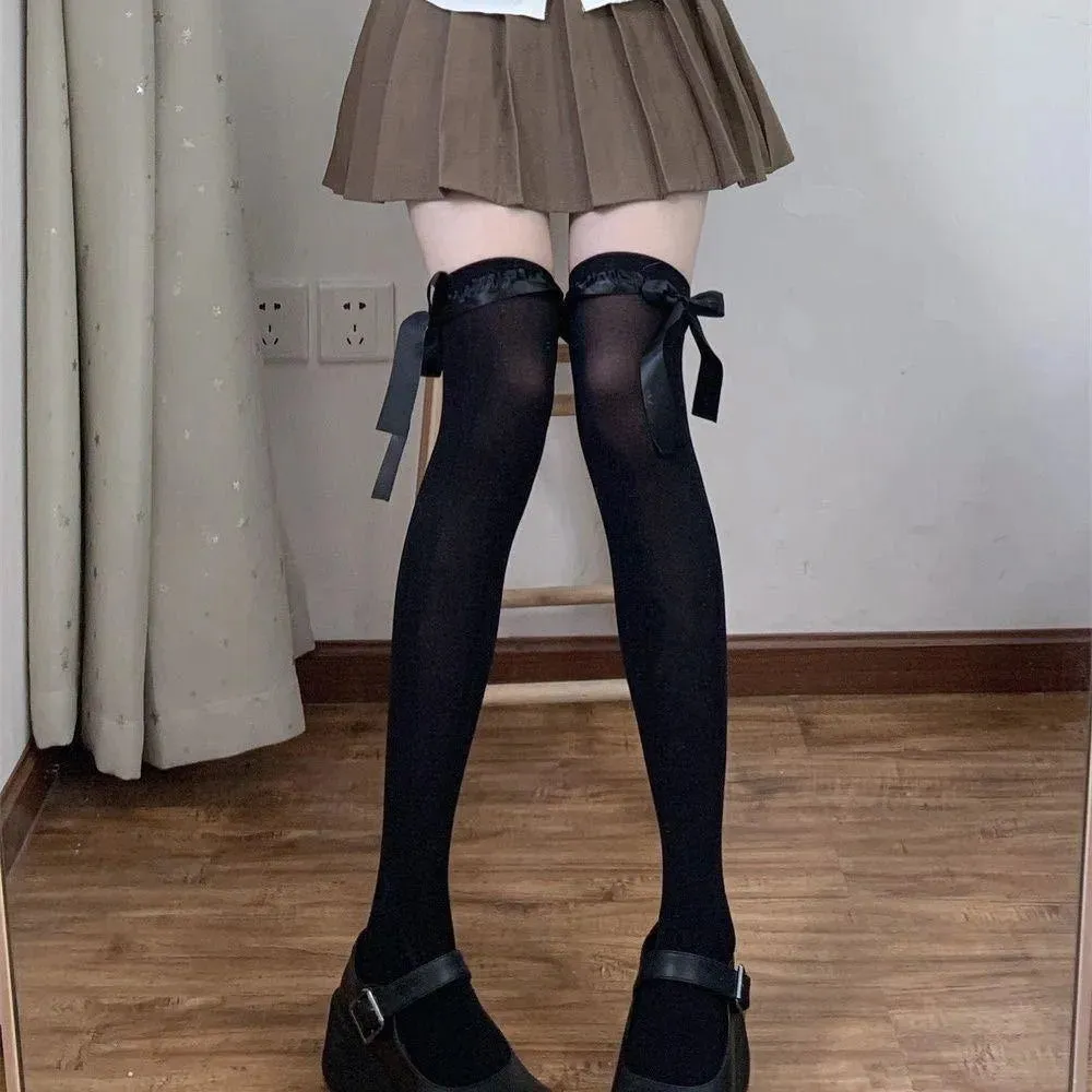 Kawaii White and Black Thigh High Stockings with Bows