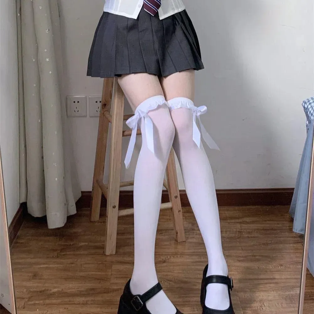 Kawaii White and Black Thigh High Stockings with Bows