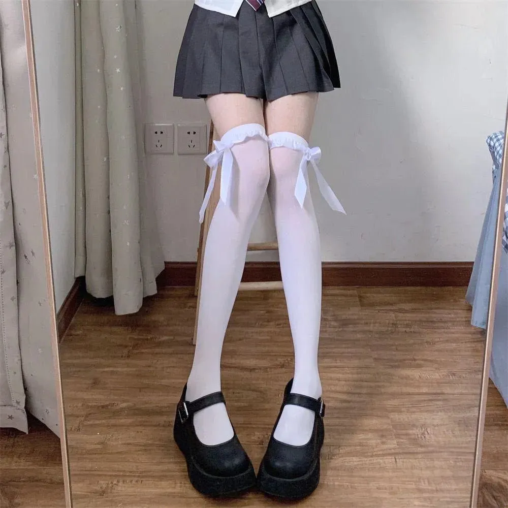 Kawaii White and Black Thigh High Stockings with Bows