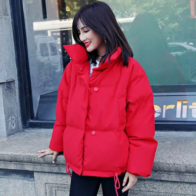 Korean Style 2019 Winter Jacket Women Stand Collar Solid Black White Female Down Coat Loose Oversized Womens Short Parka