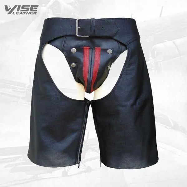 Leather Men's Chaps Shorts with Front Buckle Closure