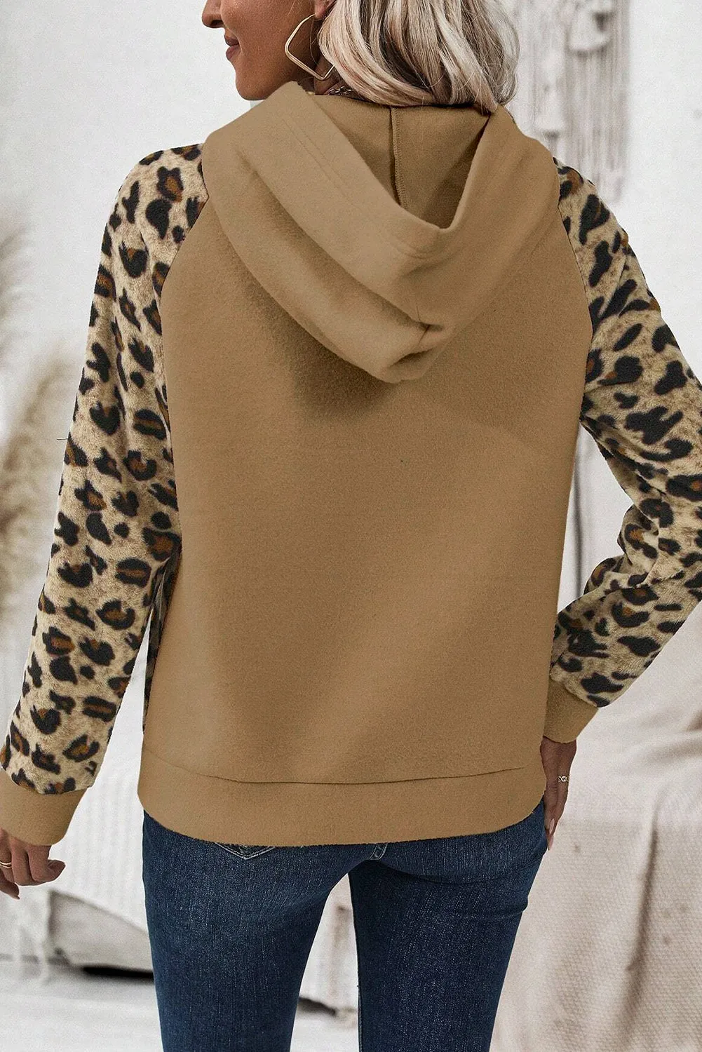 Light French Beige Leopard Print Patchwork Raglan Sleeve Half Buttons Hoodie