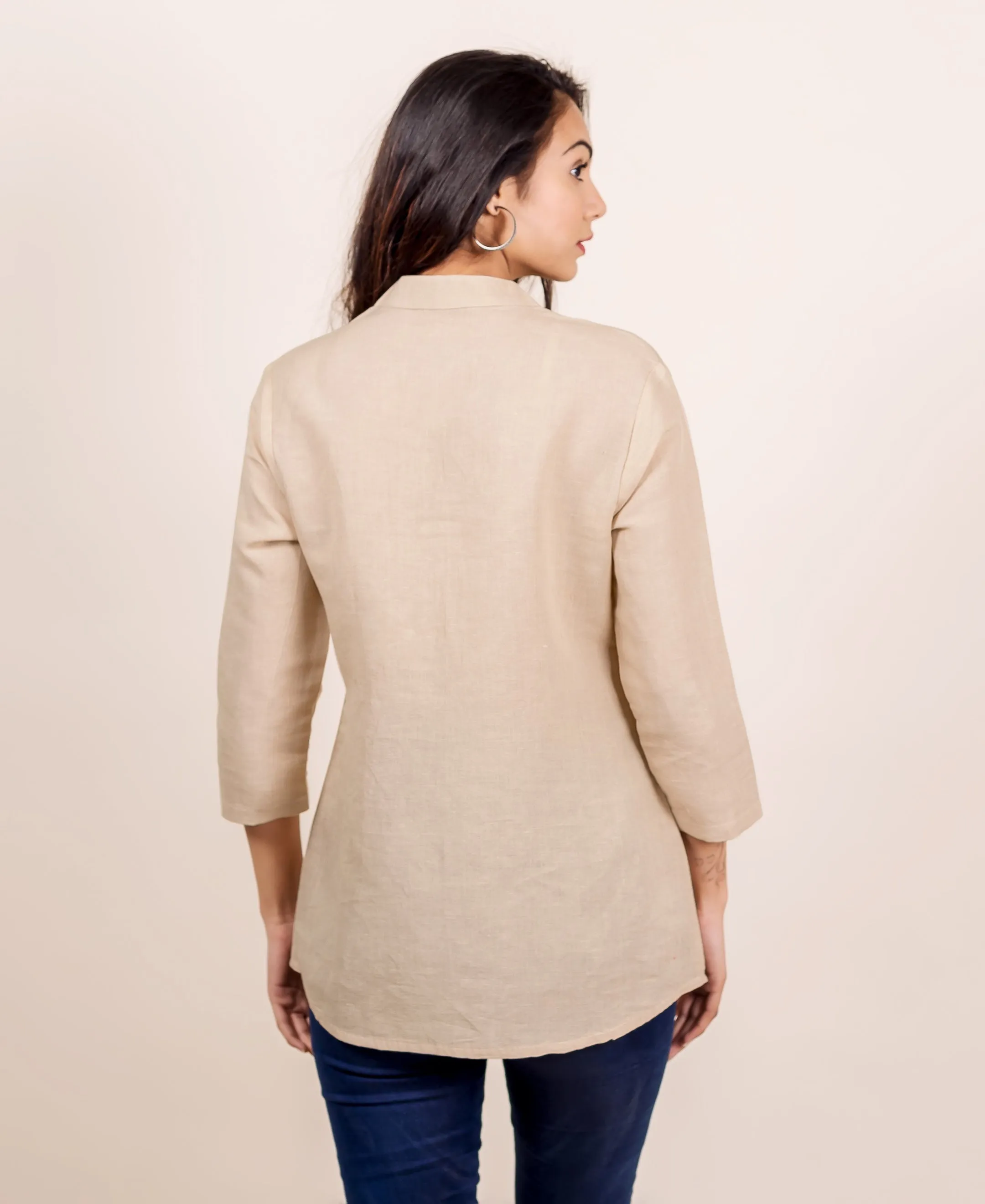 Linen Beige Split Mandarin Collar Top