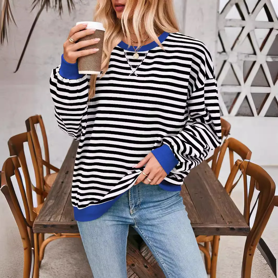 Loose Striped Long Sleeve T-shirt Casual Pullover Sweater For Womens Clothing