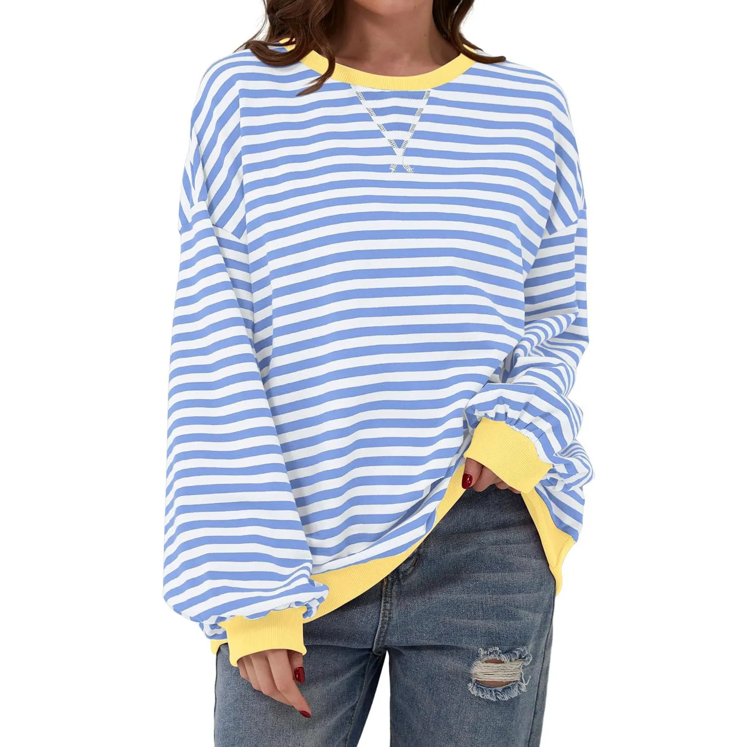 Loose Striped Long Sleeve T-shirt Casual Pullover Sweater For Womens Clothing