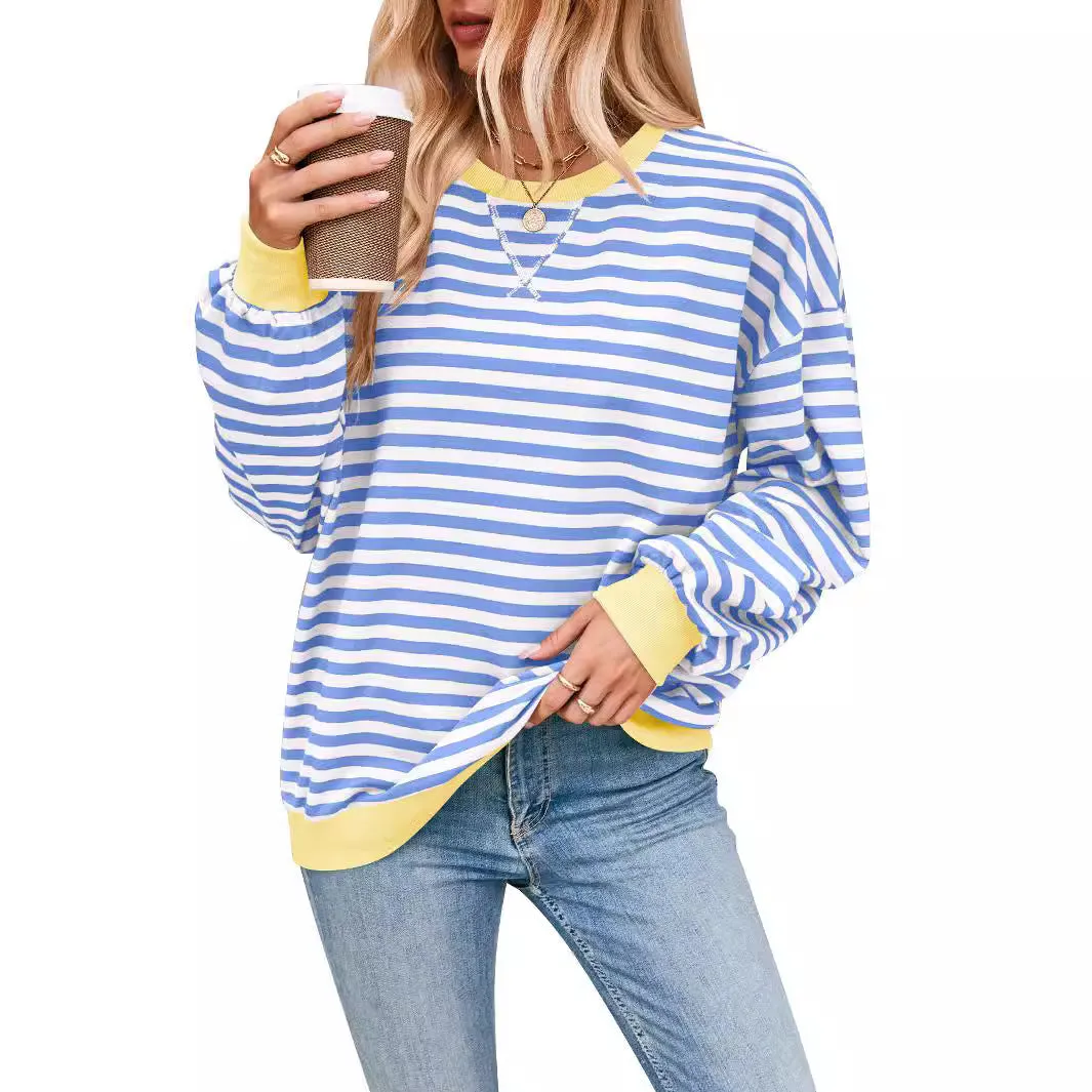 Loose Striped Long Sleeve T-shirt Casual Pullover Sweater For Womens Clothing