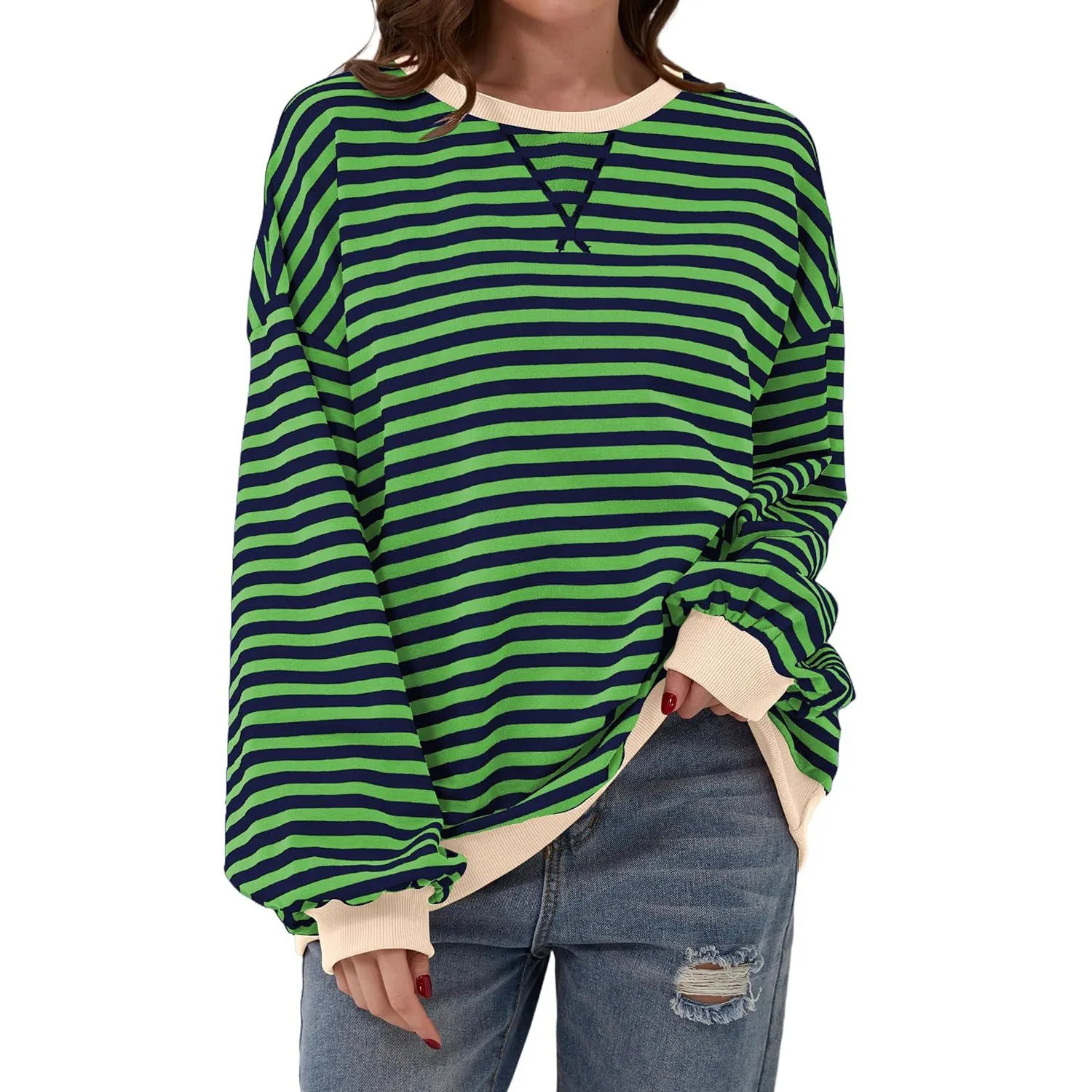 Loose Striped Long Sleeve T-shirt Casual Pullover Sweater For Womens Clothing