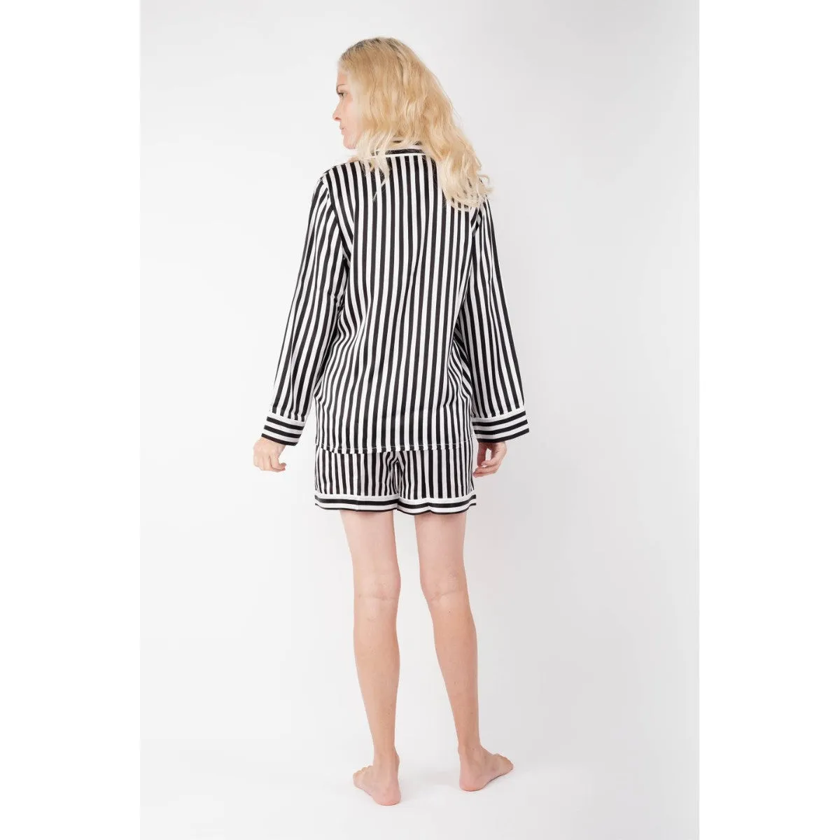 Luxe Striped Silk Pajamas: Long-Sleeve Top & Shorts - Black