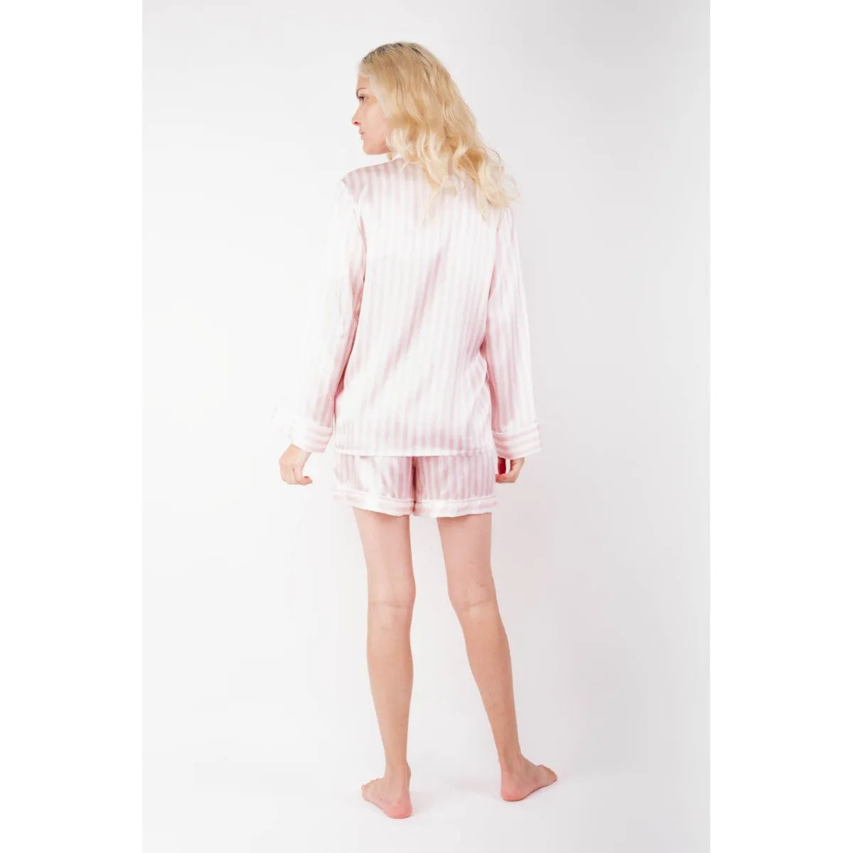 Luxe Striped Silk Pajamas: Long-Sleeve Top & Shorts - Pink