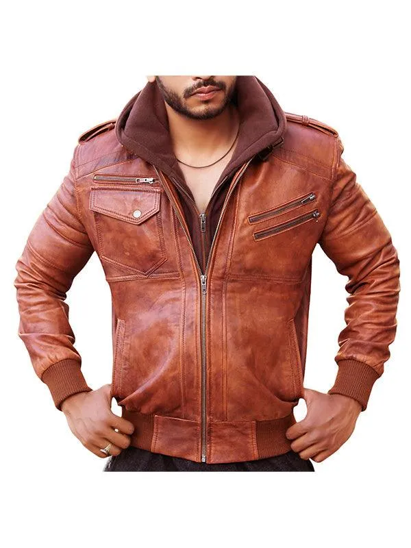 Men Leather Motorcycle Jacket with Removable Hood - Brown