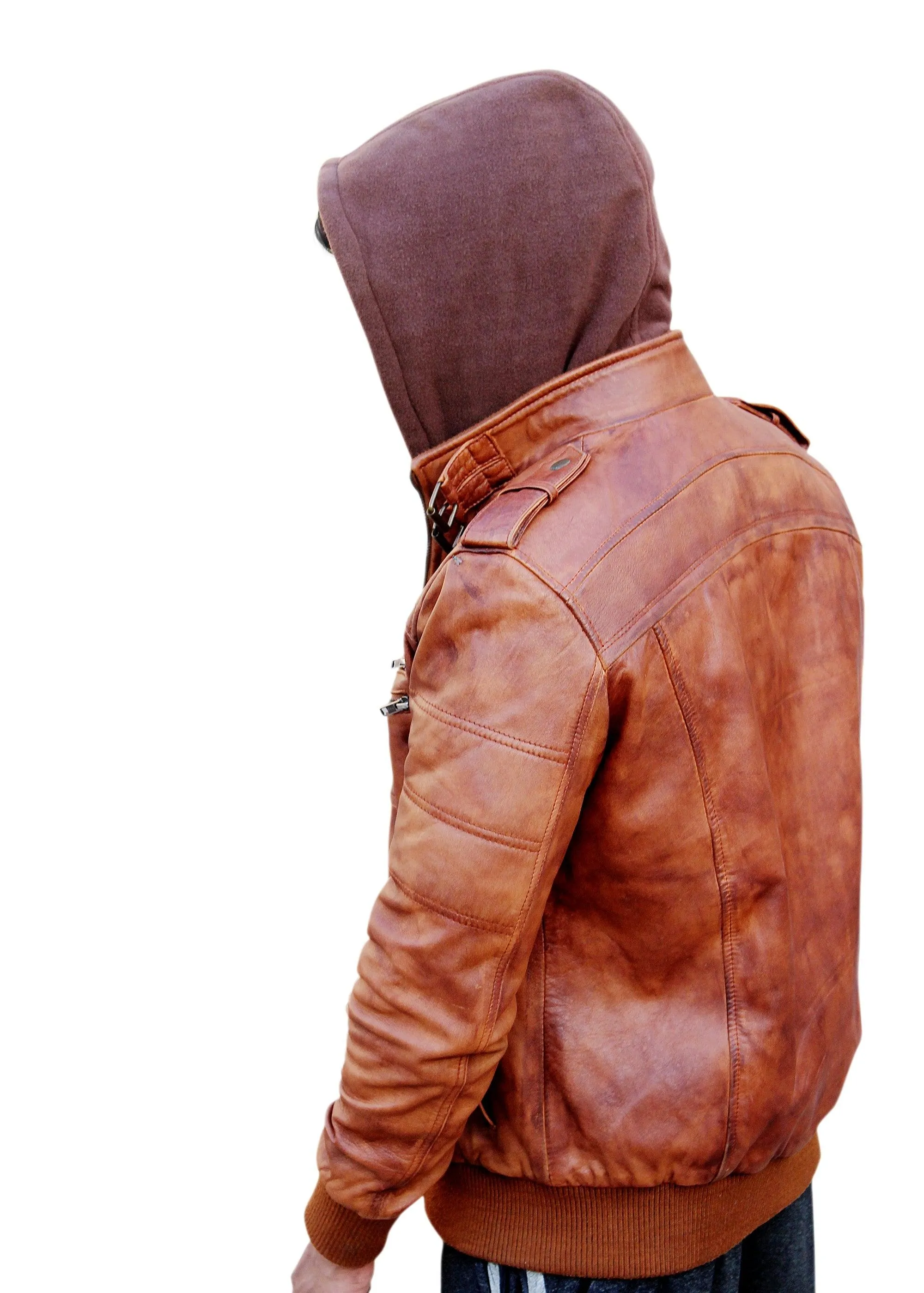 Men Leather Motorcycle Jacket with Removable Hood - Brown