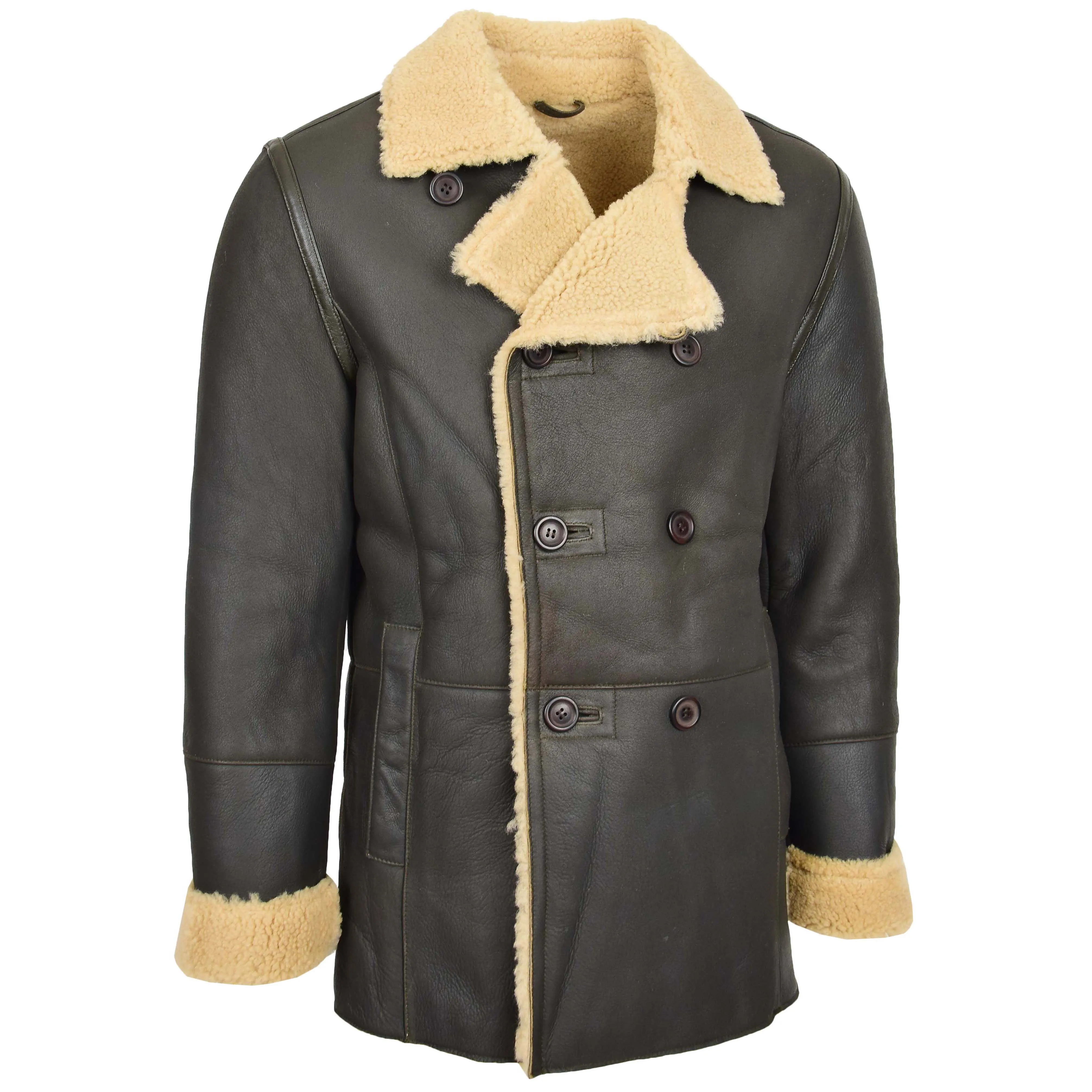 Mens Double Breasted Sheepskin Jacket Theo Brown