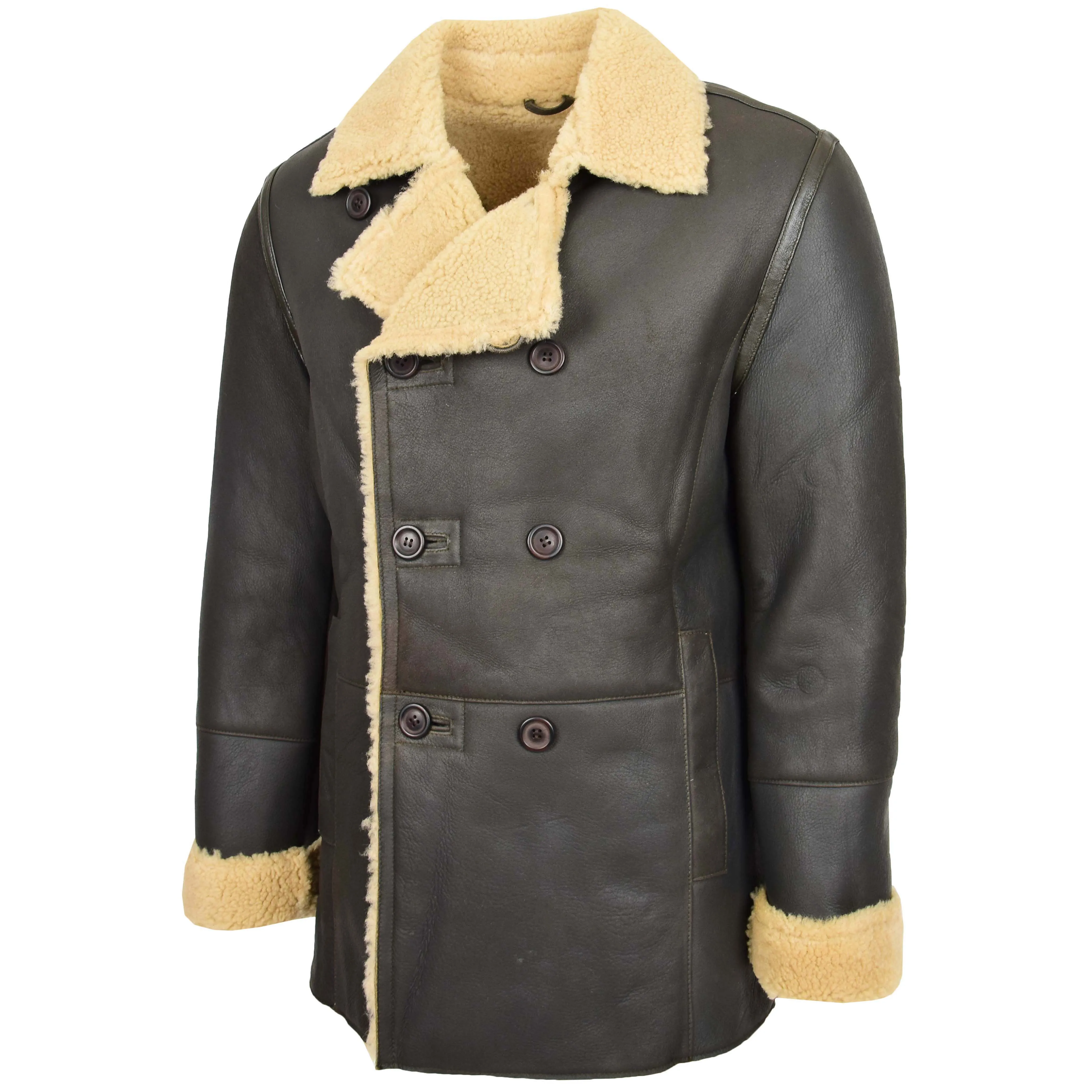 Mens Double Breasted Sheepskin Jacket Theo Brown