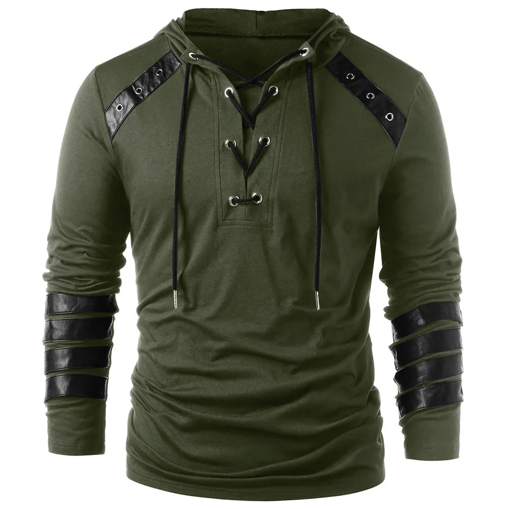 Men's Faux Leather Lace Up Pu Panel Hoodie