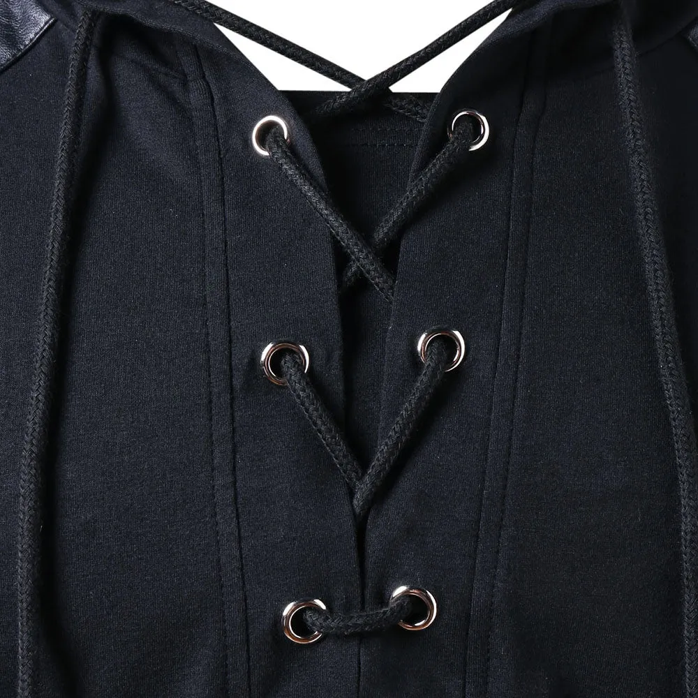 Men's Faux Leather Lace Up Pu Panel Hoodie