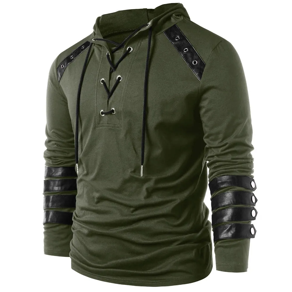 Men's Faux Leather Lace Up Pu Panel Hoodie