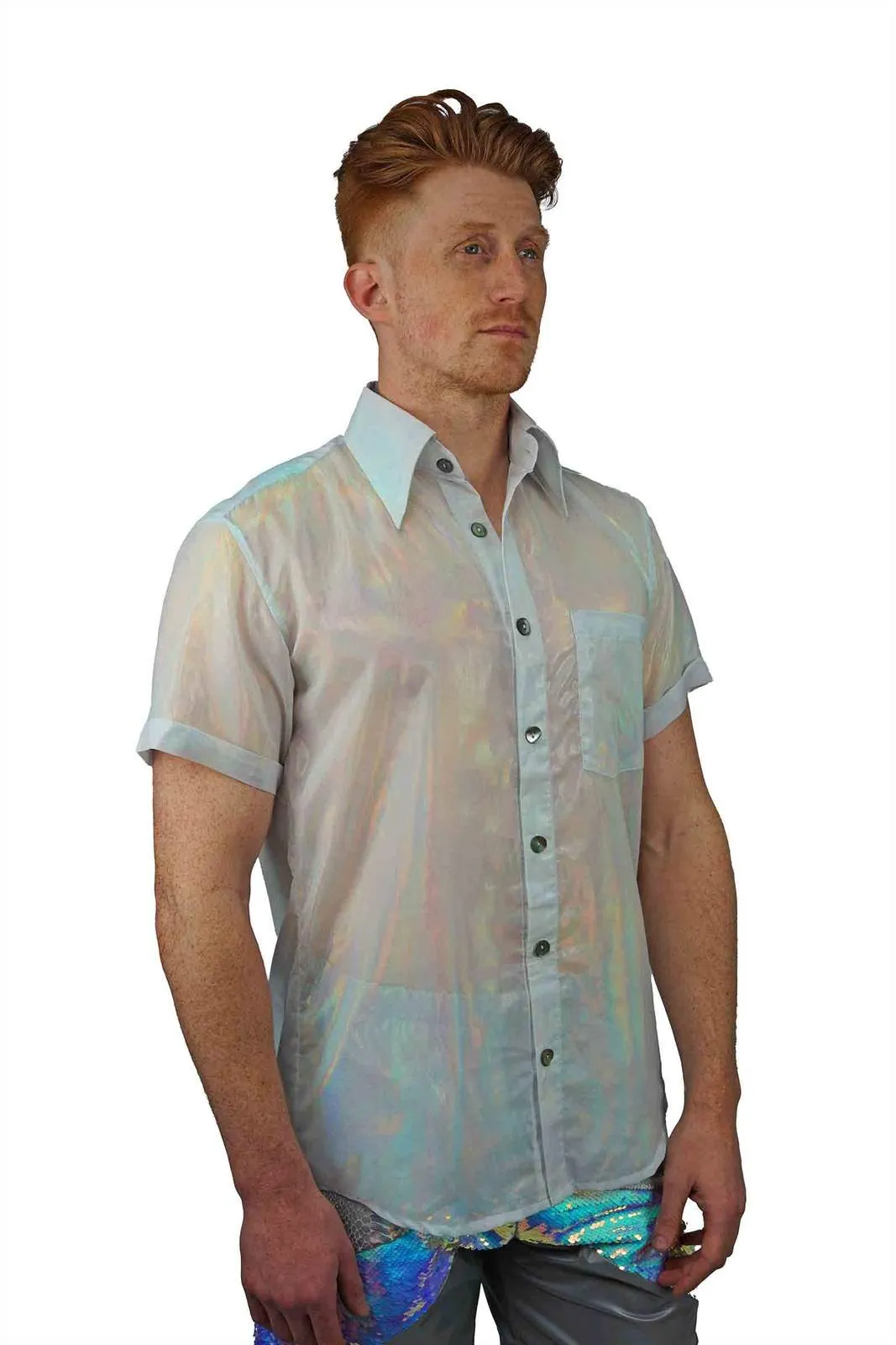 Mens Holographic Button Up Shirt - White