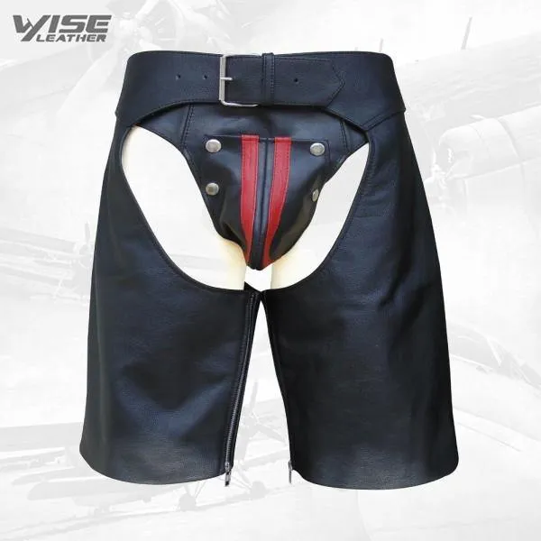 Men's Leather Chaps Shorts with Side Color Stripe