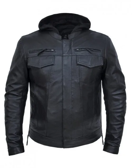 Men's Leather Jacket with Zip Off Hoodie 6905.LA MJ