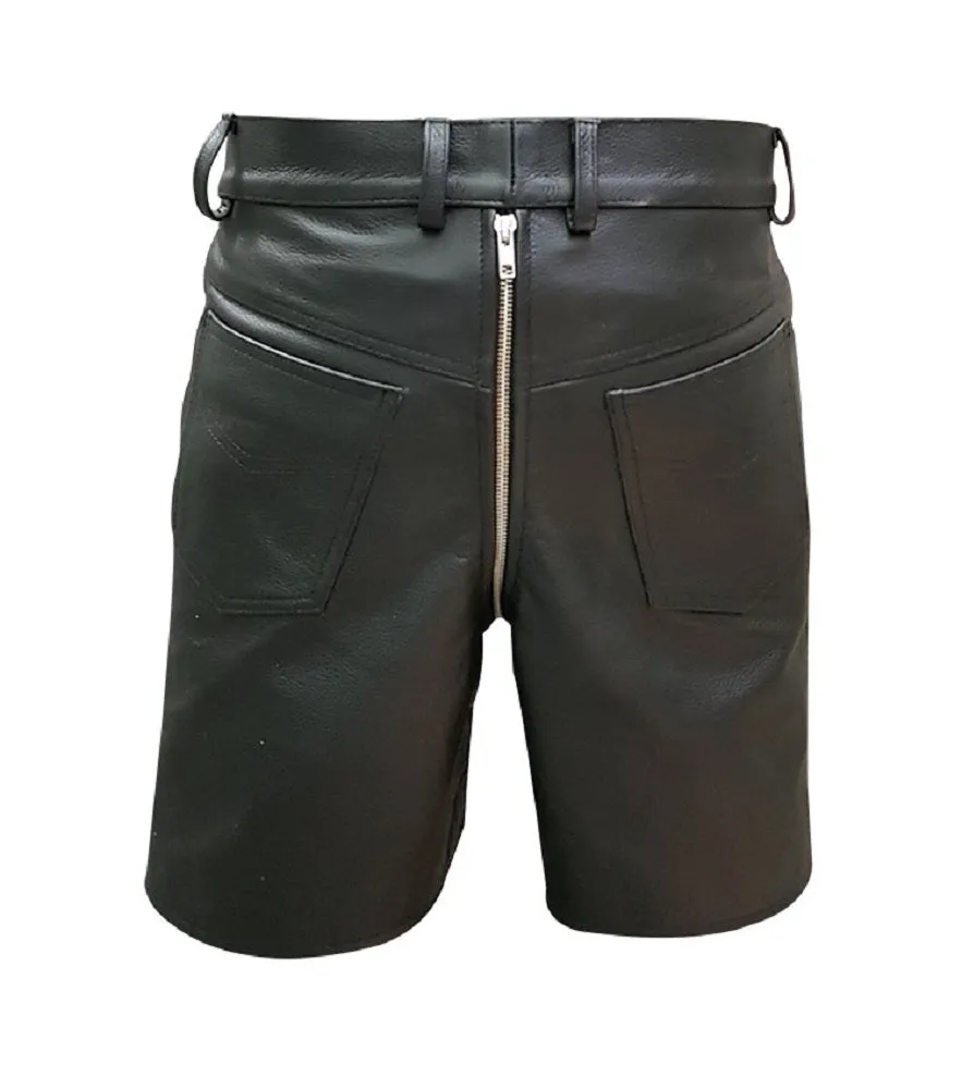 Mens Locking Chastity Shorts Genuine Black Leather Bondage Shorts With Rear Zip - Shorts2