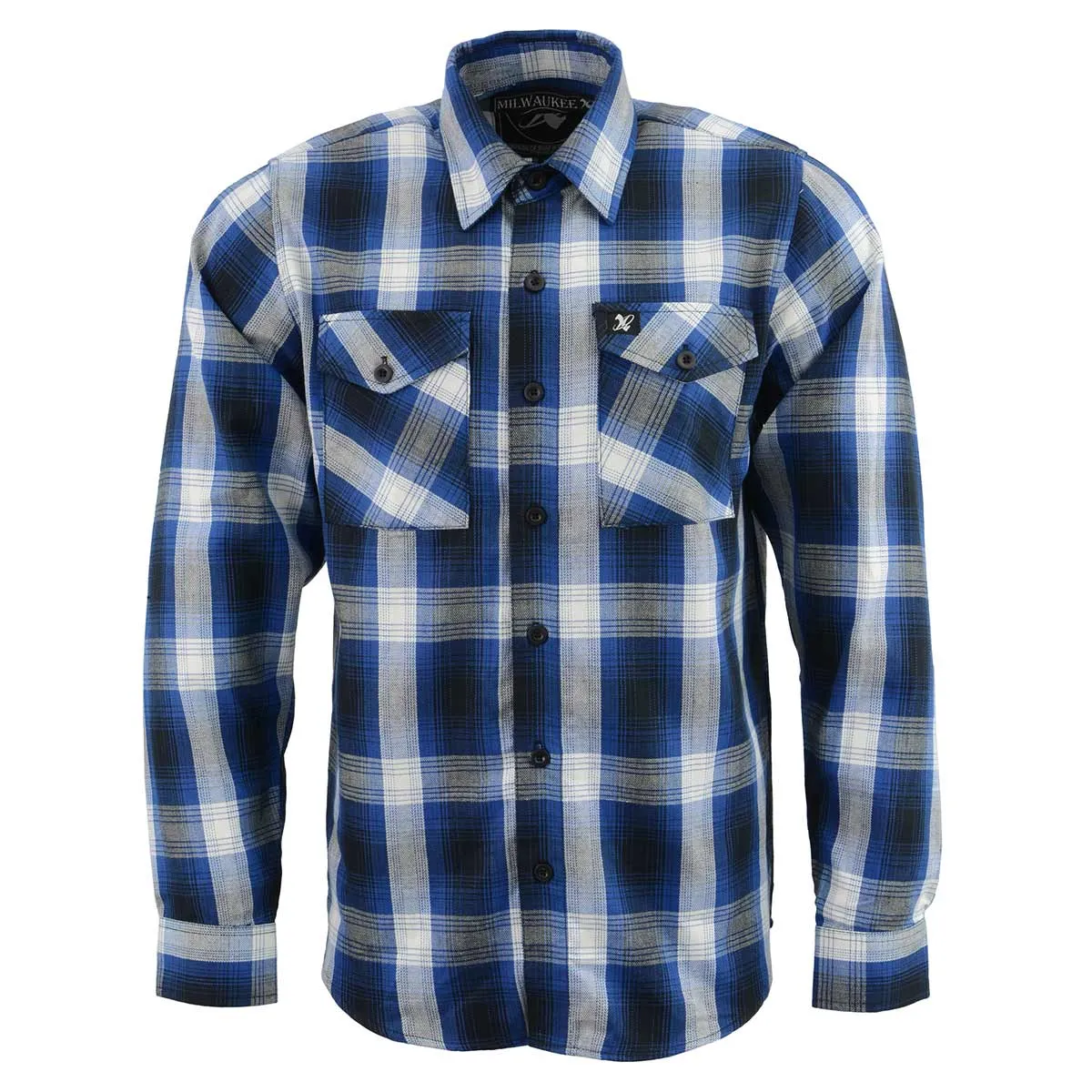 Milwaukee Leather Men's Flannel Plaid Shirt Blue and White Long Sleeve Cotton Button Down Shirt MNG11635