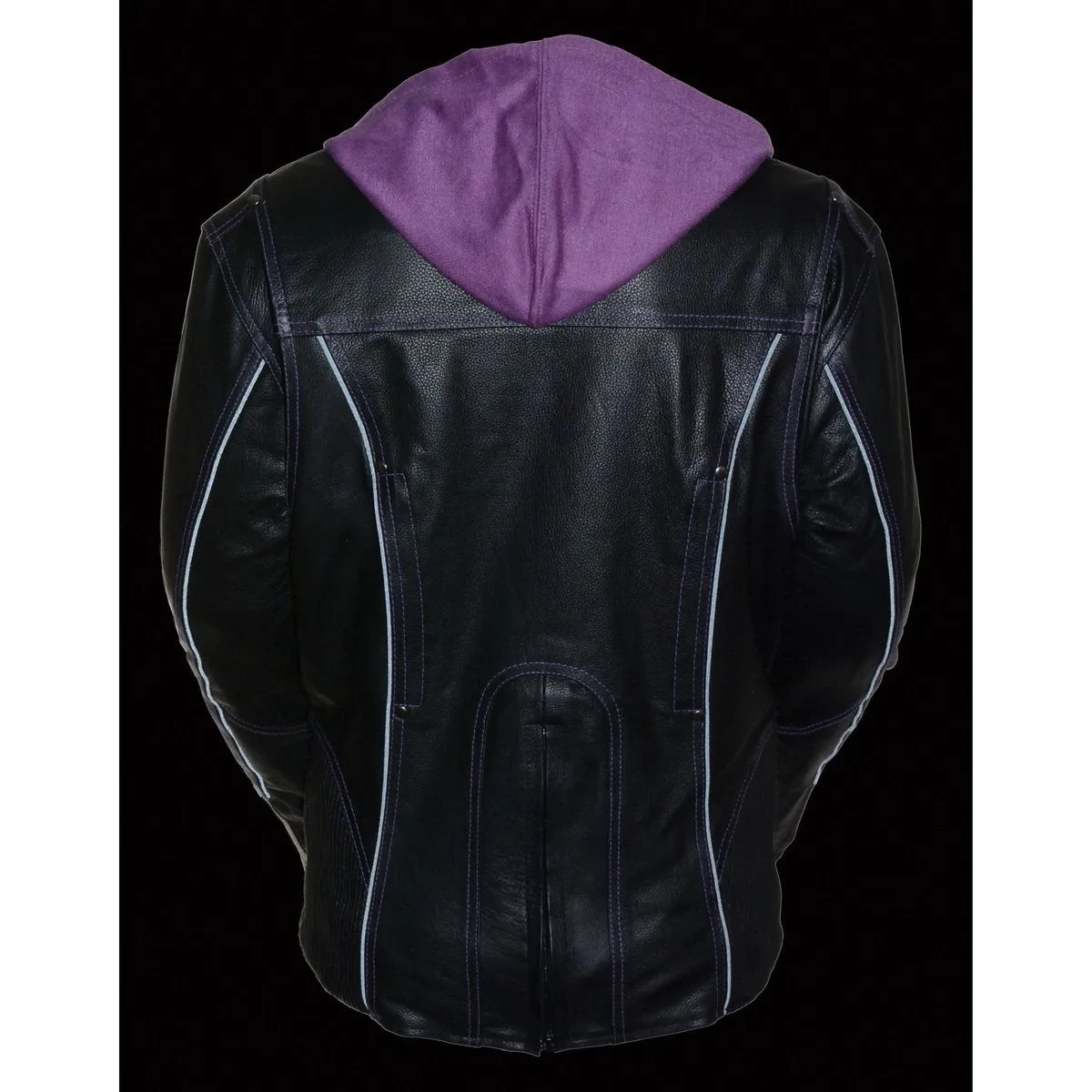 Milwaukee Leather ML2067 Women's 3/4 Black and Purple Leather Hoodie Jacket with Reflective Tribal Design