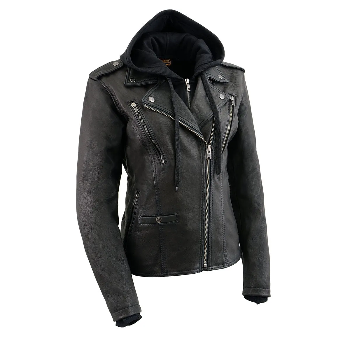 Milwaukee Leather MLL2575 Women's Black Leather Vented Motorcycle Jacket w/ Removable Hoodie