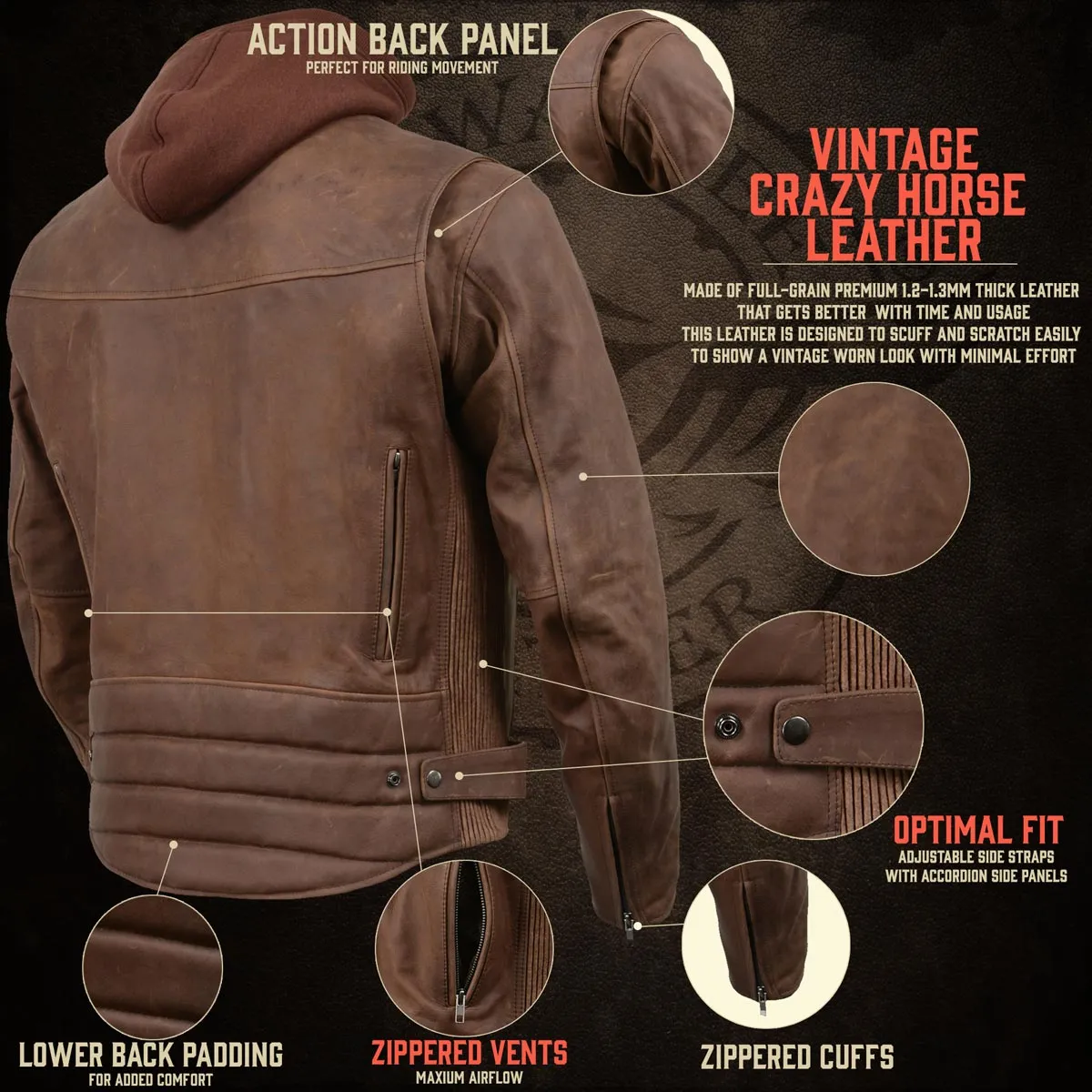 Milwaukee Leather MLM1518 Men's 'Scoundrel' Vintage Crazy Horse Brown Leather Jacket w/ Removable Hoodie