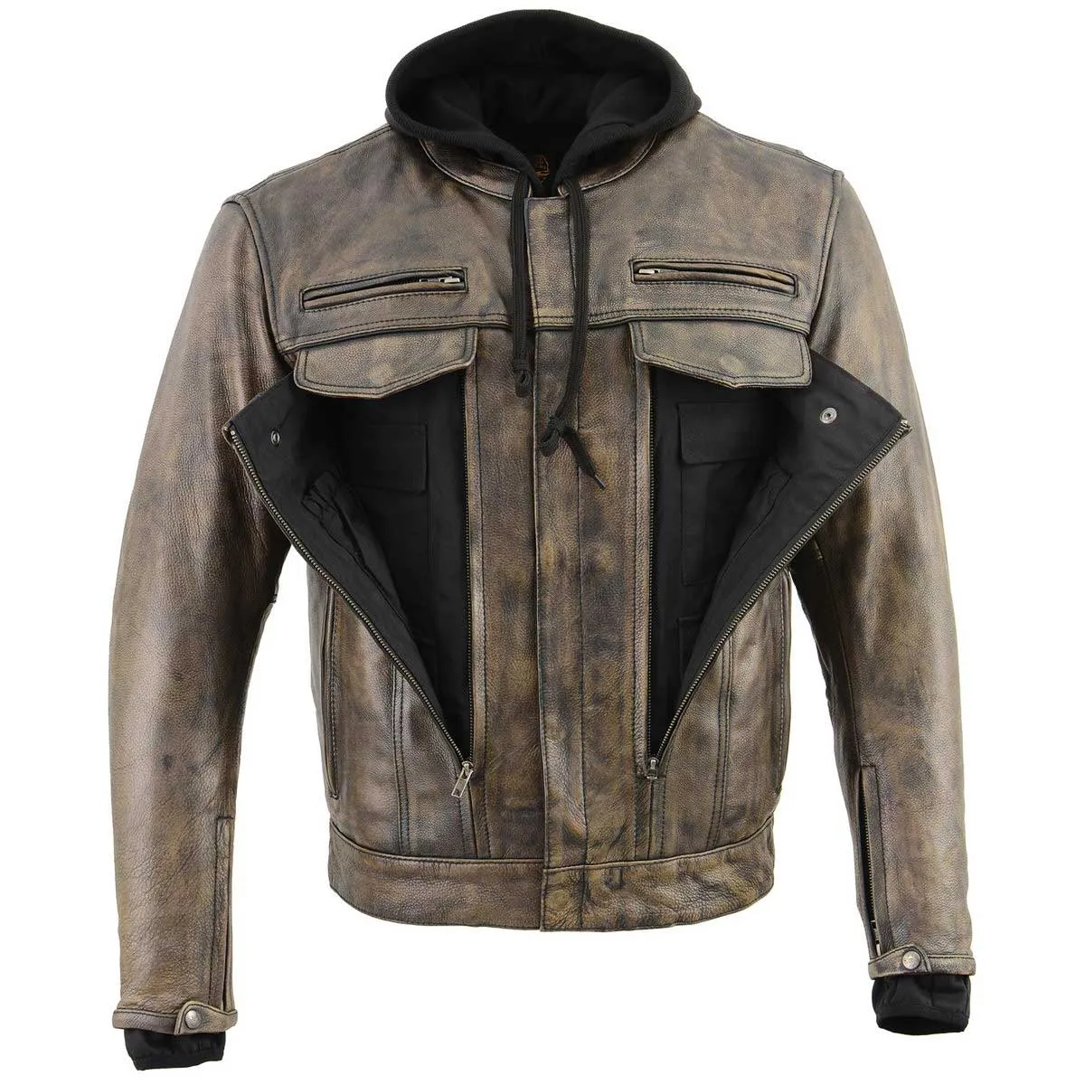 Milwaukee Leather MLM1538 Men's Distressed Brown Leather ‘Utility Pocket’ Vented Jacket with Removable Hoodie