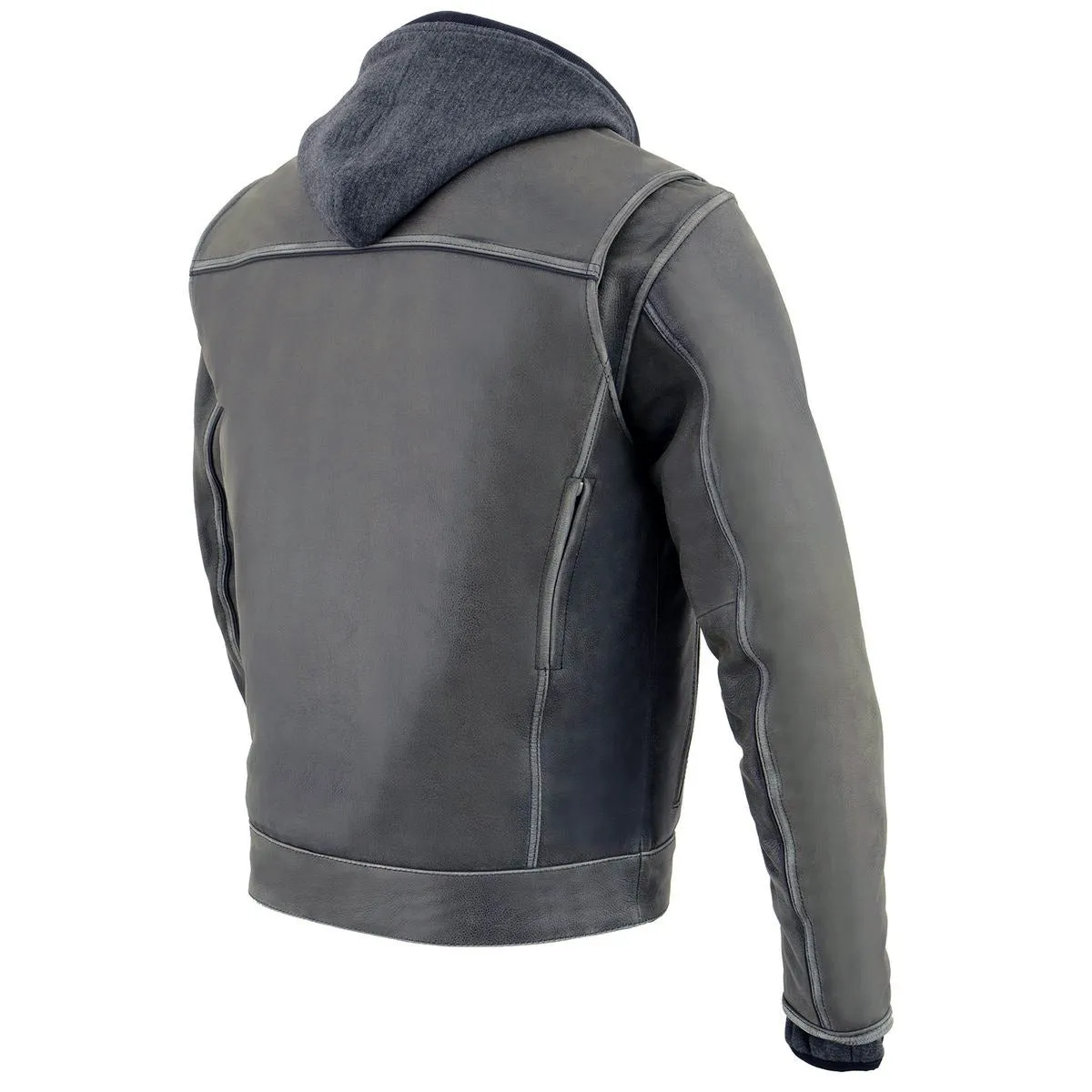 Milwaukee Leather MLM1539 Men's Distressed Grey Leather ‘Utility Pocket’ Vented Jacket with Removable Hoodie