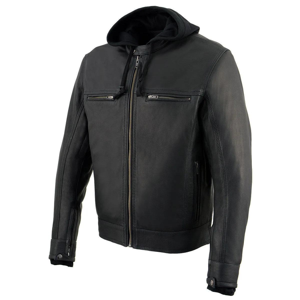 Milwaukee Leather MLM1552 Men's Black Leather ‘Utility Pocket’ Vented Scooter Style Motorcycle Jacket w/ Hoodie