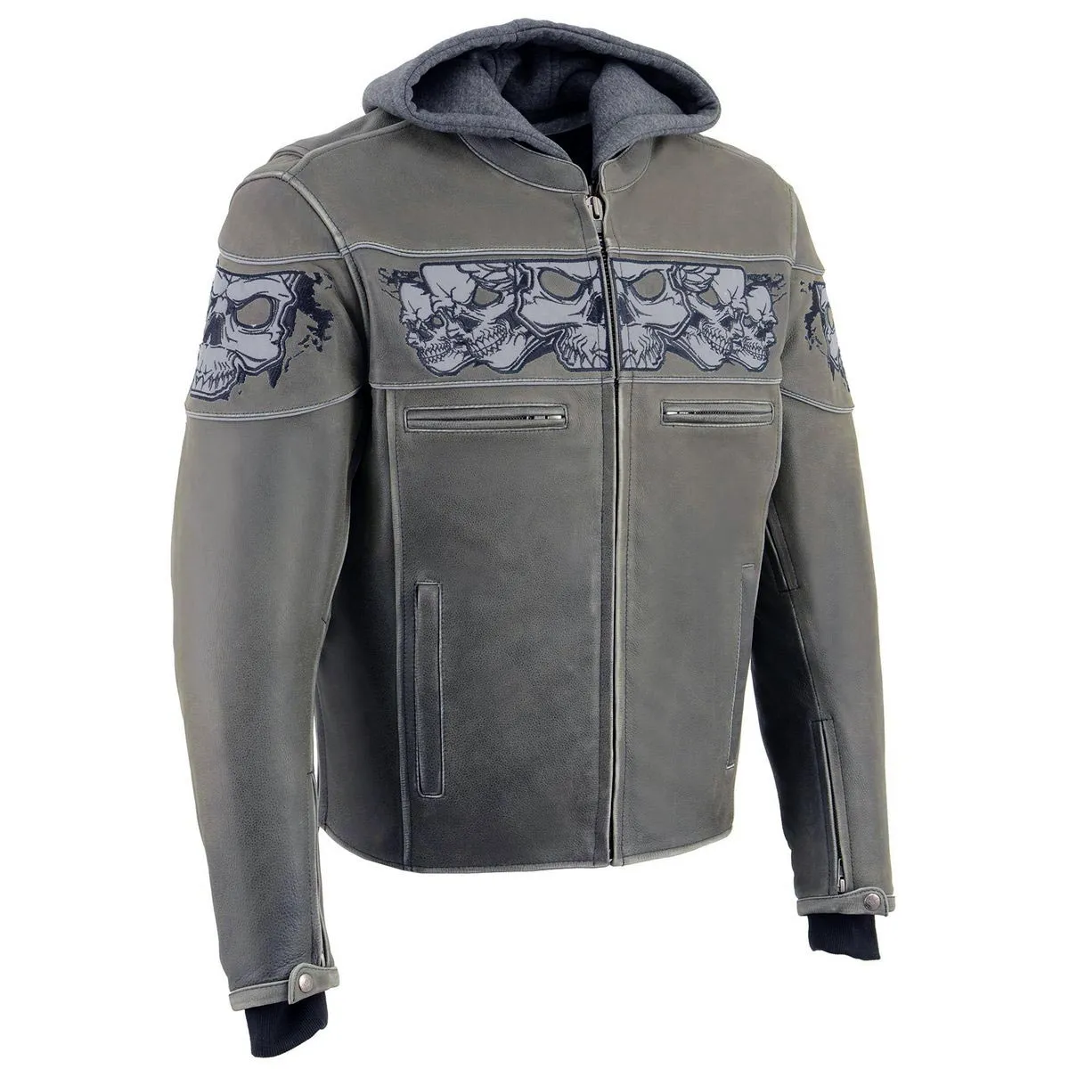 Milwaukee Leather MLM1562 Men's Distressed Grey Leather Jacket with Reflective Skulls