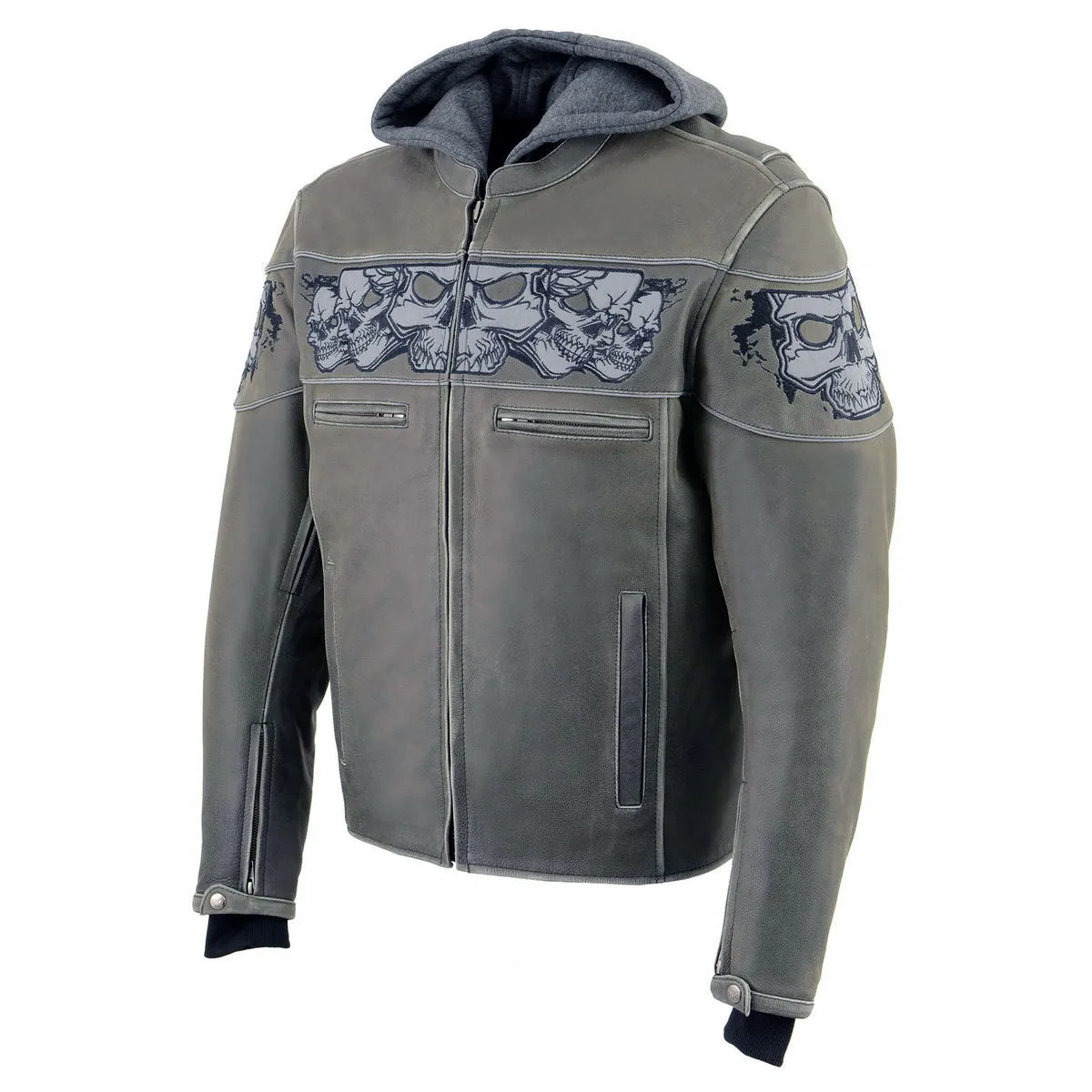 Milwaukee Leather MLM1562 Men's Distressed Grey Leather Jacket with Reflective Skulls