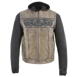 Milwaukee Leather MLM3561 Men's Leather Vest w/ Removeable Hoodie- Distress Brown Reflective Skulls Motorcycle Vest