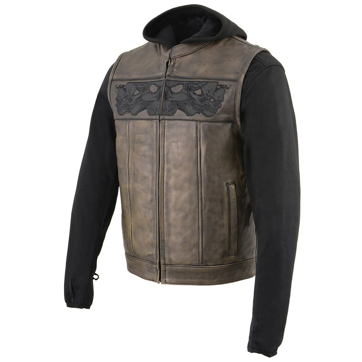 Milwaukee Leather MLM3561 Men's Leather Vest w/ Removeable Hoodie- Distress Brown Reflective Skulls Motorcycle Vest