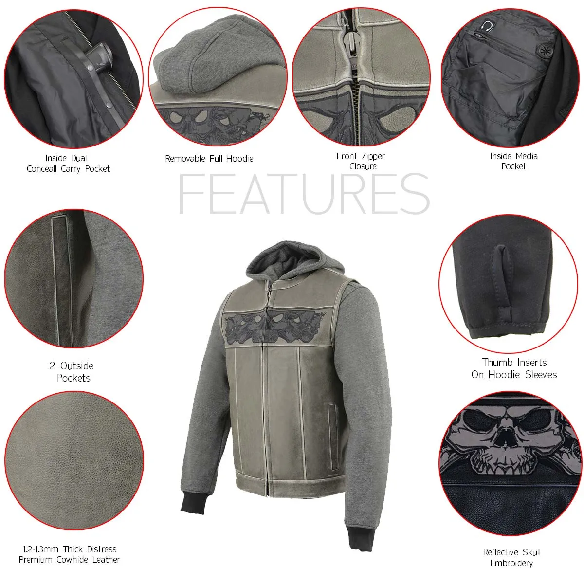 Milwaukee Leather MLM3562 Men's Leather Vest w/ Removeable Hoodie - Distress Grey Reflective Skulls Motorcycle Vest