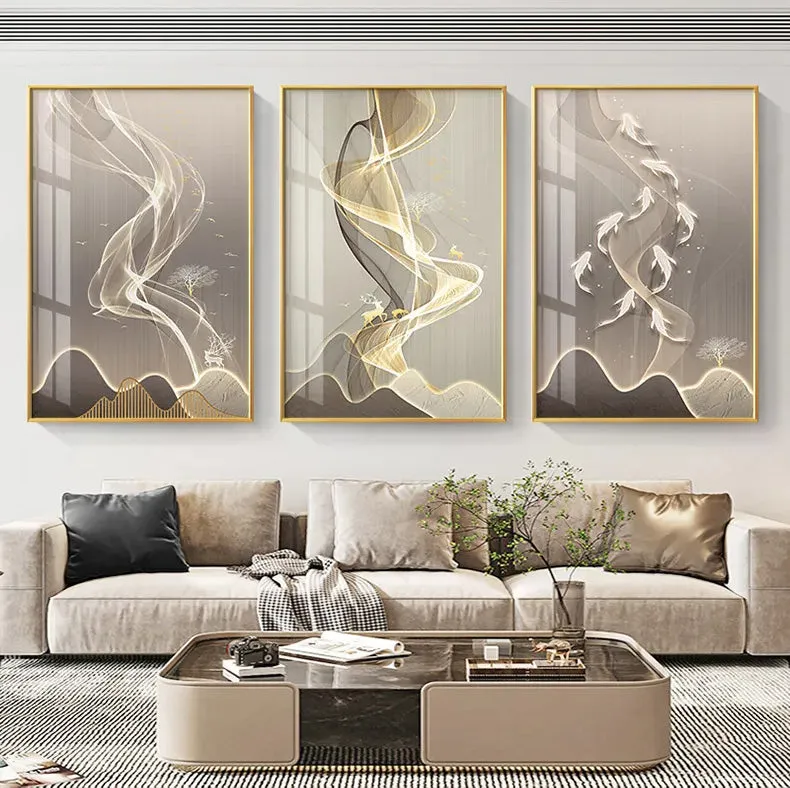 Modern Abstract Beige Yellow Golden Flowing Landscape Wall Art Fine Art Canvas Prints Pictures For Dining Room Living Room Home Decor