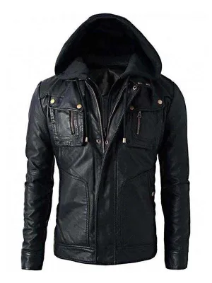 New Men's Motorcycle Brando Style Biker Real Leather Detachable Hoodie Jacket - Black