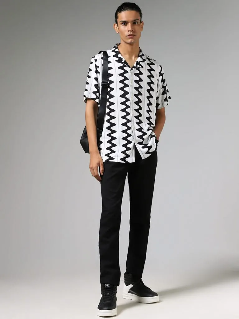 Nuon White Zig Zag Printed Relaxed-Fit Shirt