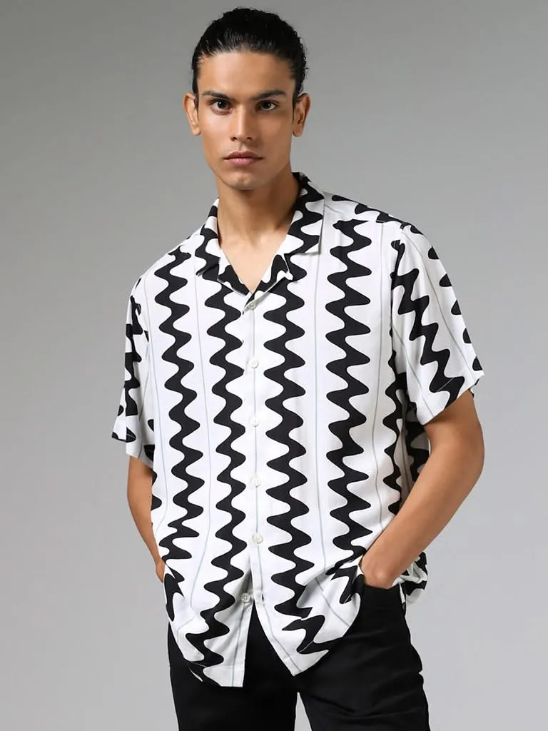 Nuon White Zig Zag Printed Relaxed-Fit Shirt